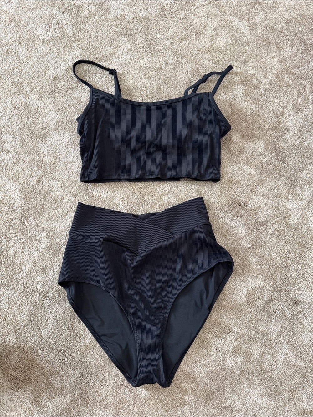 Arie Black High-Waist Ribbed Bikini Set - Women Swim
